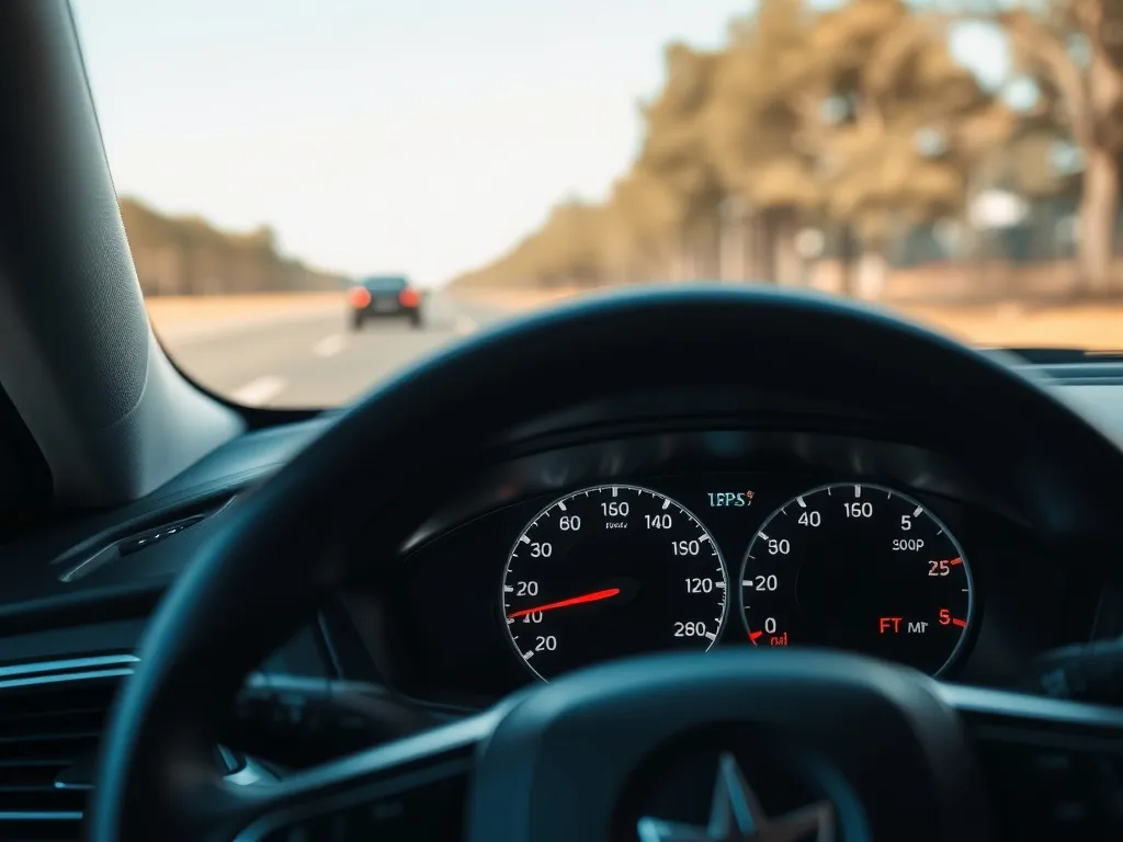 Zbliżenie deski rozdzielczej z włączoną kontrolką tempomatu, wskazującą aktywny cruise control podczas jazdy.