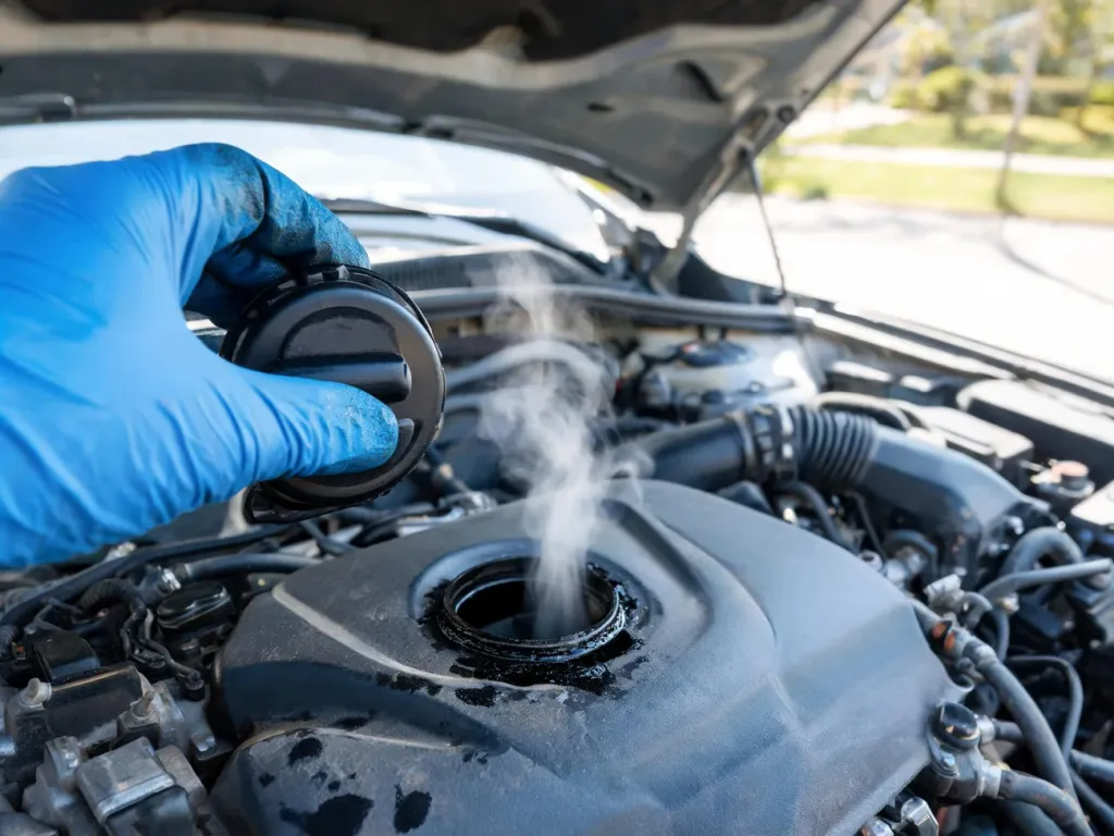 Mechanik unosi korek wlewu oleju, z którego wydobywa się biały dymek – możliwy objaw uszkodzonej odmy silnika.