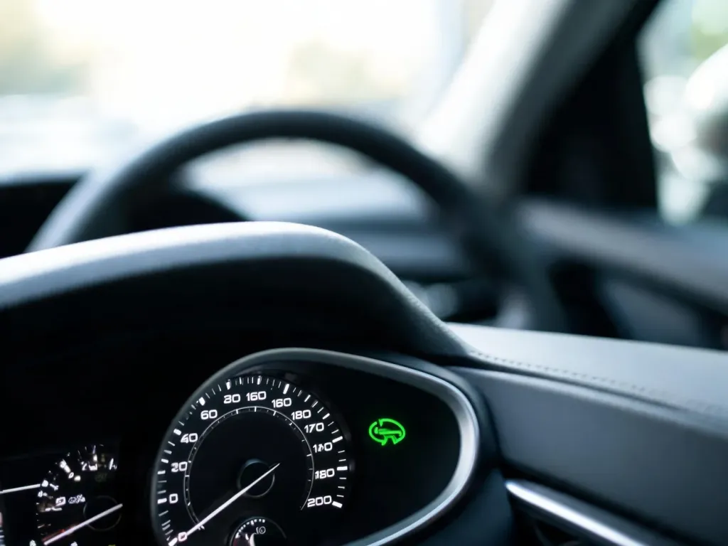Zbliżenie na prędkościomierz z jasno świecącą kontrolką cruise control na desce rozdzielczej samochodu.