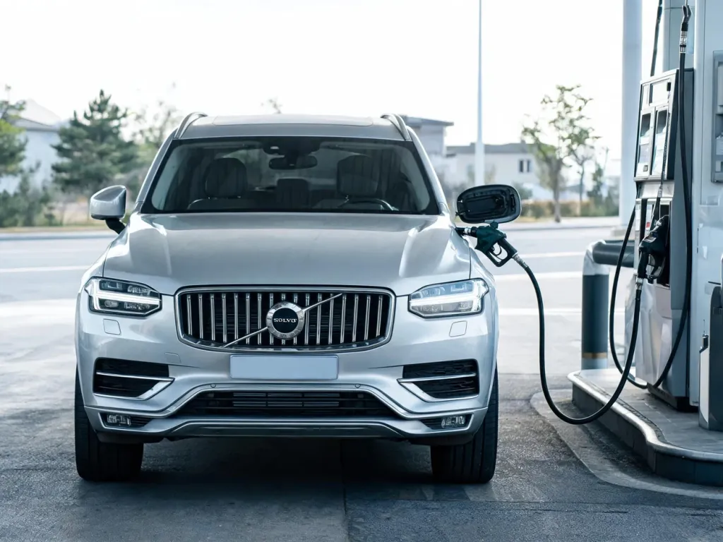 Volvo XC90 tankowane na spokojnej stacji benzynowej, podkreślające temat realnego spalania tego modelu
