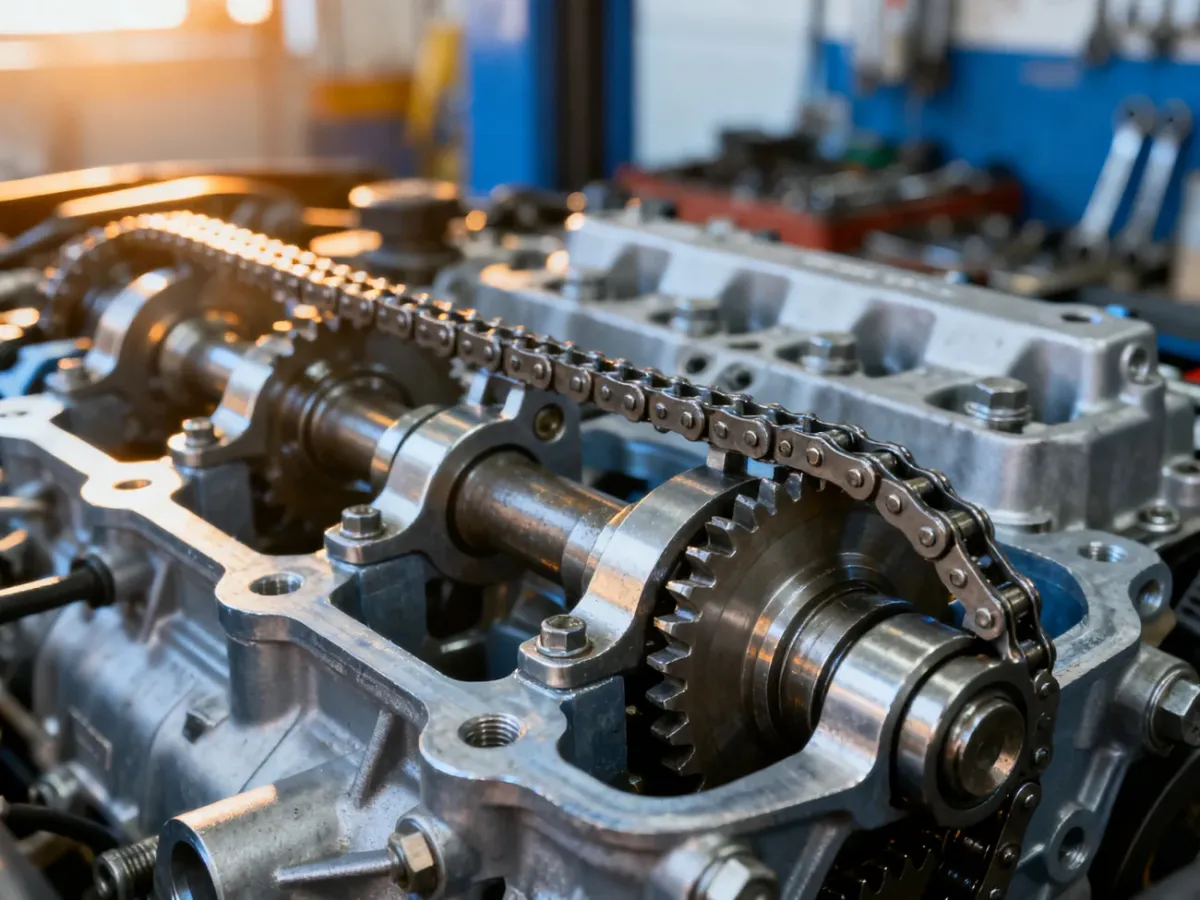 Zbliżenie na mechanizm łańcucha rozrządu i metalowe koła zębate nowoczesnego silnika samochodowego.