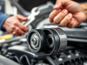 Zbliżenie na głowicę silnika spalinowego z widocznym precyzyjnym mechanizmem zaworowym i świecą zapłonową.
