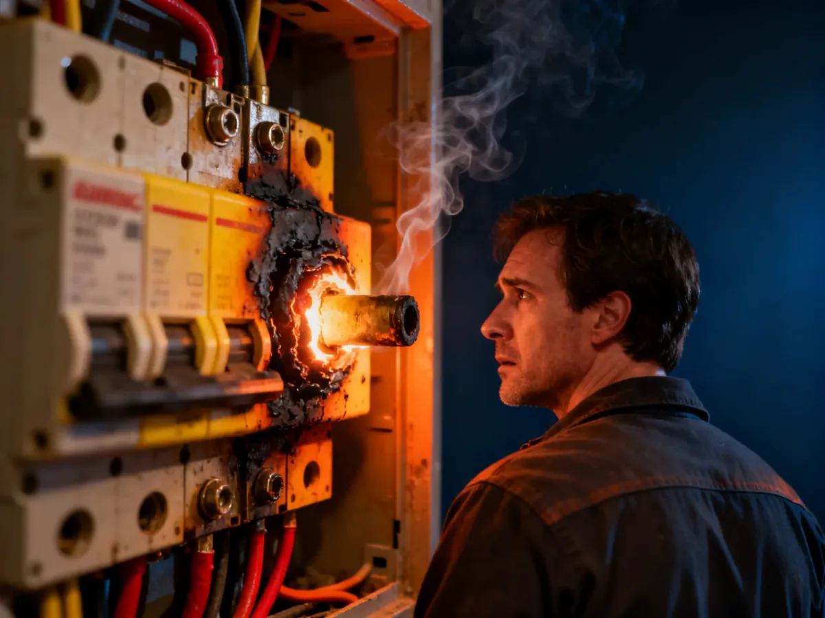Przegrzana rozdzielnica z osmolonym połączeniem wymagająca interwencji elektryka