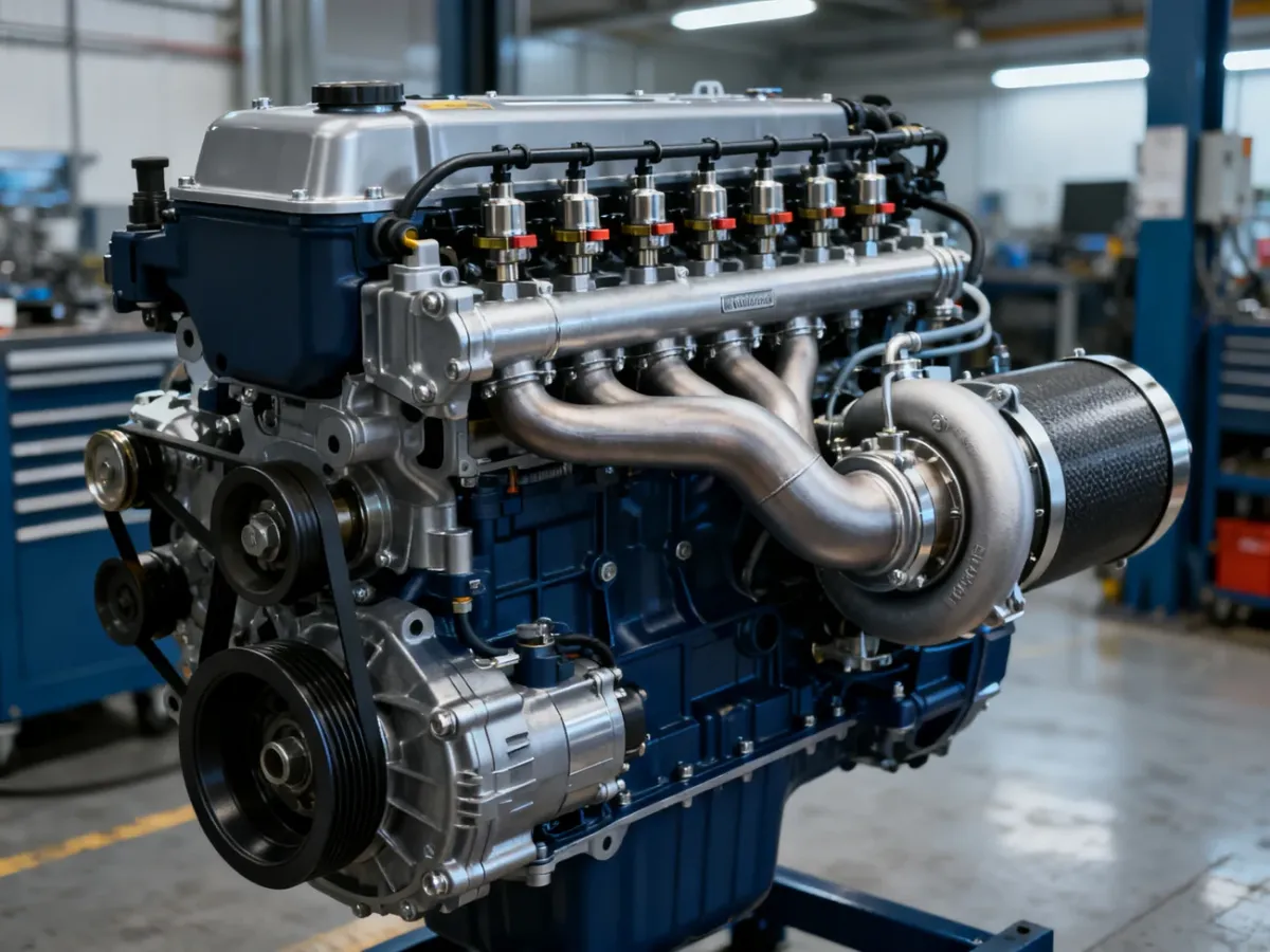 Zbliżenie nowoczesnego silnika wysokoprężnego dCi z układem Common Rail i turbosprężarką