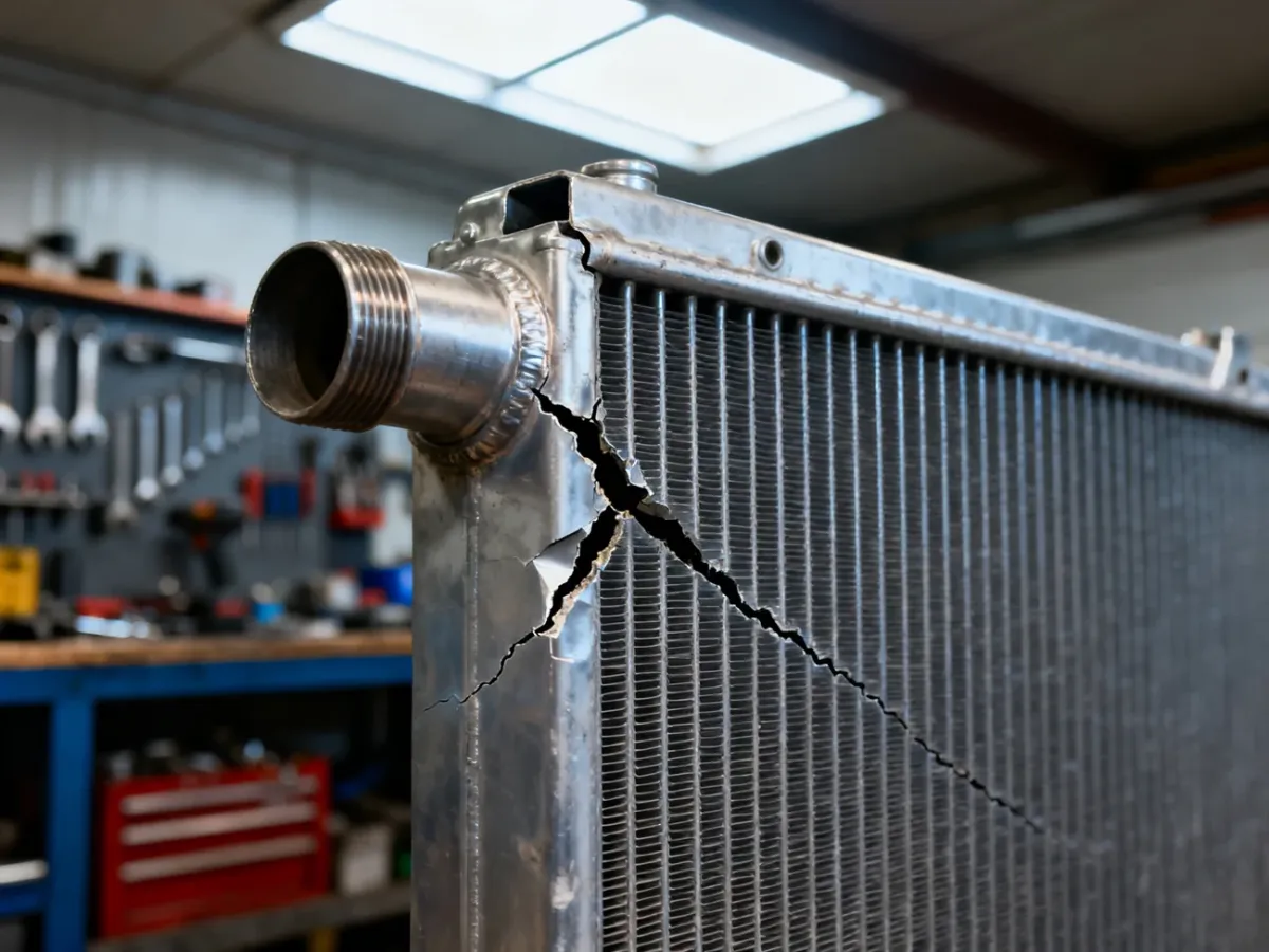 Zbliżenie na pęknięty aluminiowy intercooler w profesjonalnym warsztacie samochodowym.