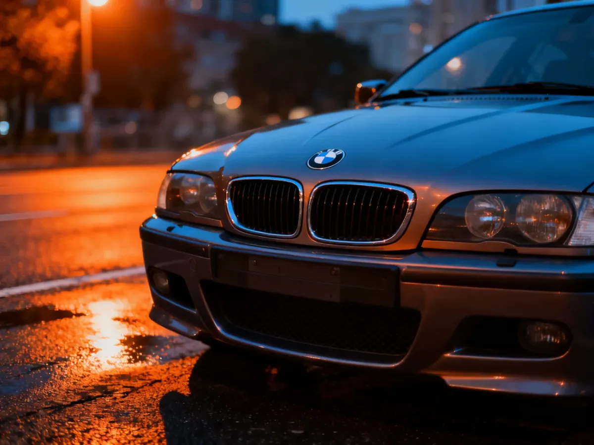 Charakterystyczny grill i emblemat BMW E46 na tle rozmytych świateł miasta o zmierzchu.