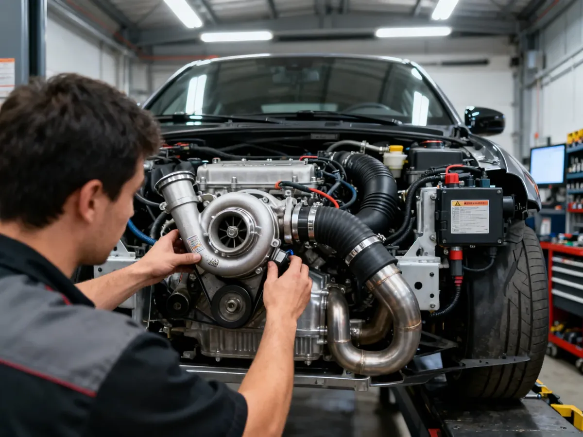 Mechanik sprawdzający turbosprężarkę i przewody dolotowe w komorze silnika