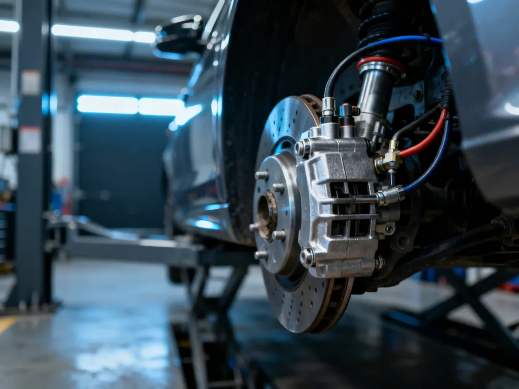 Zbliżenie na pompę hydrauliczną układu ABS zamontowaną w profesjonalnym warsztacie samochodowym.