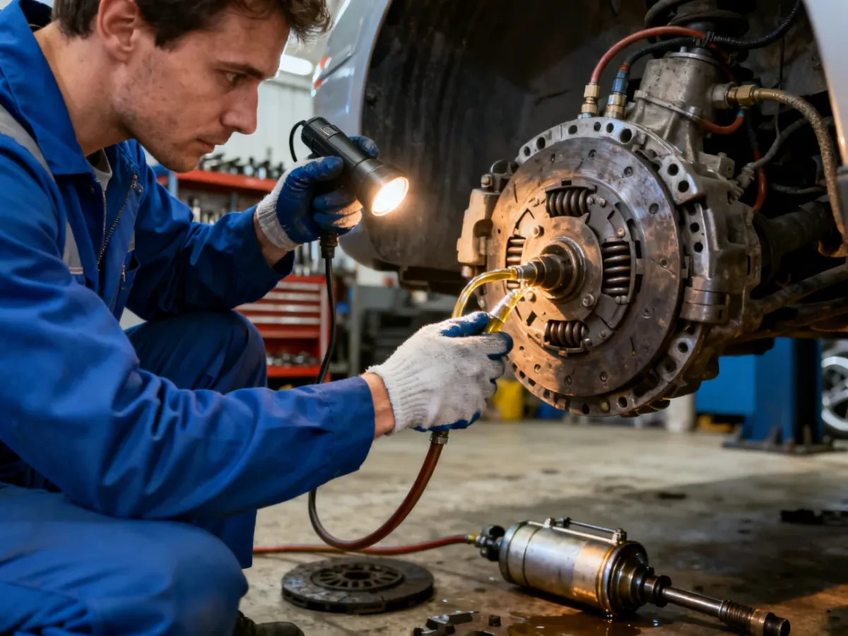 Mechanik sprawdzający hydrauliczny układ sprzęgła przy skrzyni biegów