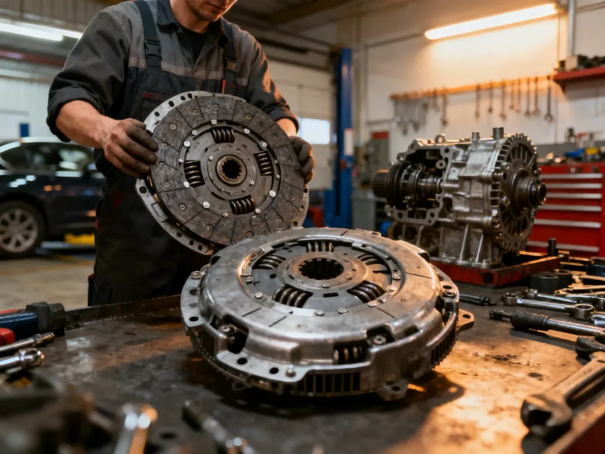 Mechanik oglądający koło dwumasowe i sprzęgło w warsztacie