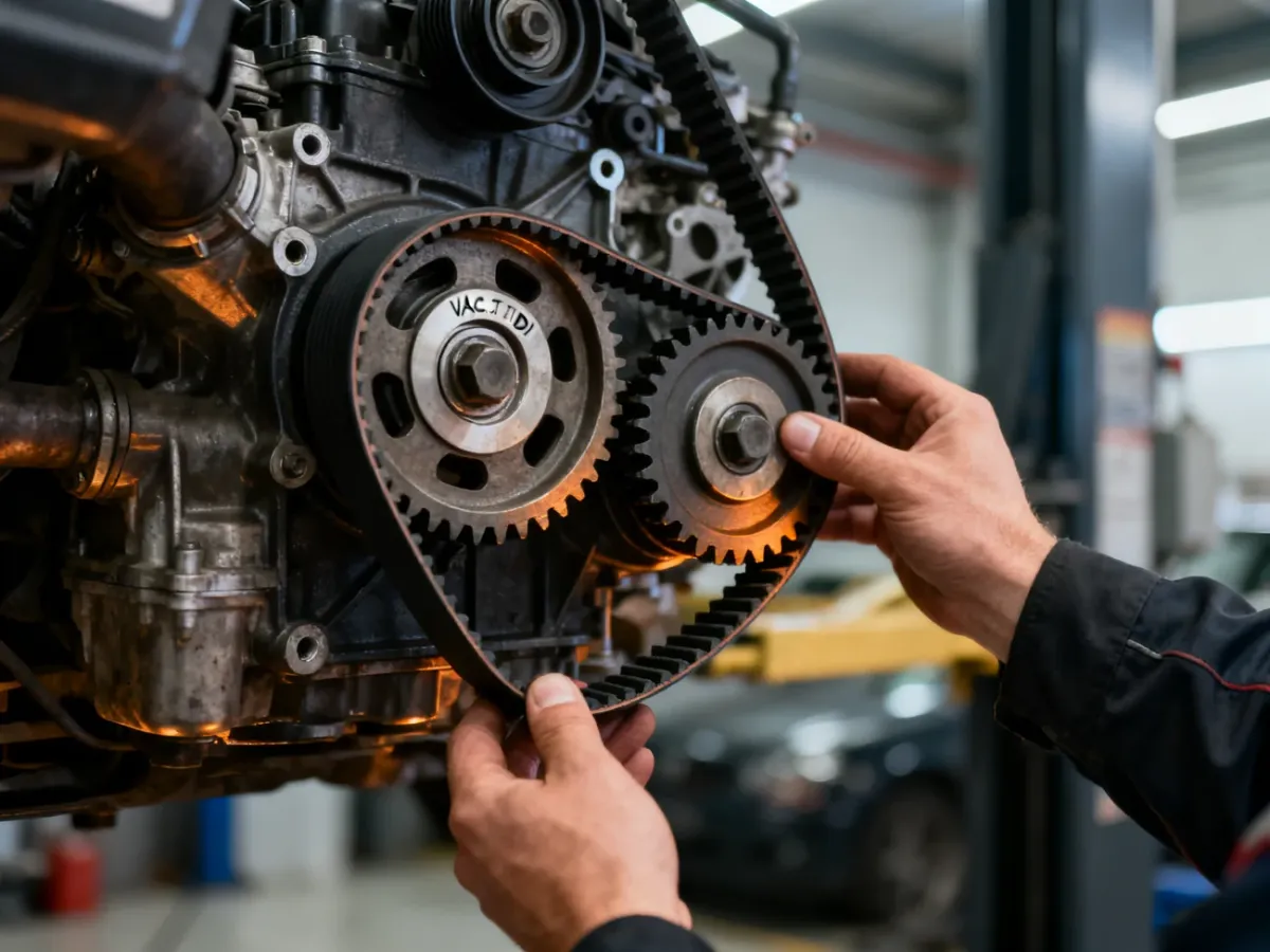 Mechanik sprawdza pasek napędu pompy oleju w silniku 2.0 TDI