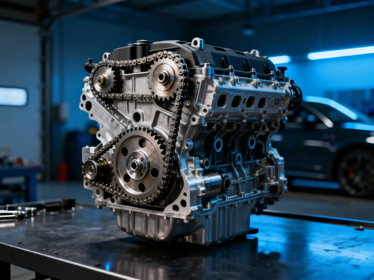 Silnik 3.0 TDI V6 z widocznym mechanizmem rozrządu na warsztatowym stole. Precyzyjne elementy układu napędowego silnika.