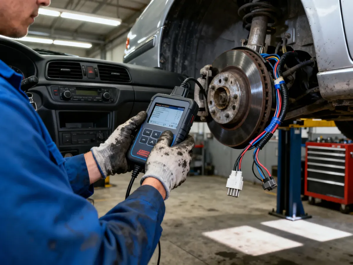 Mechanik przeprowadzający diagnostykę układu ABS za pomocą skanera OBD2