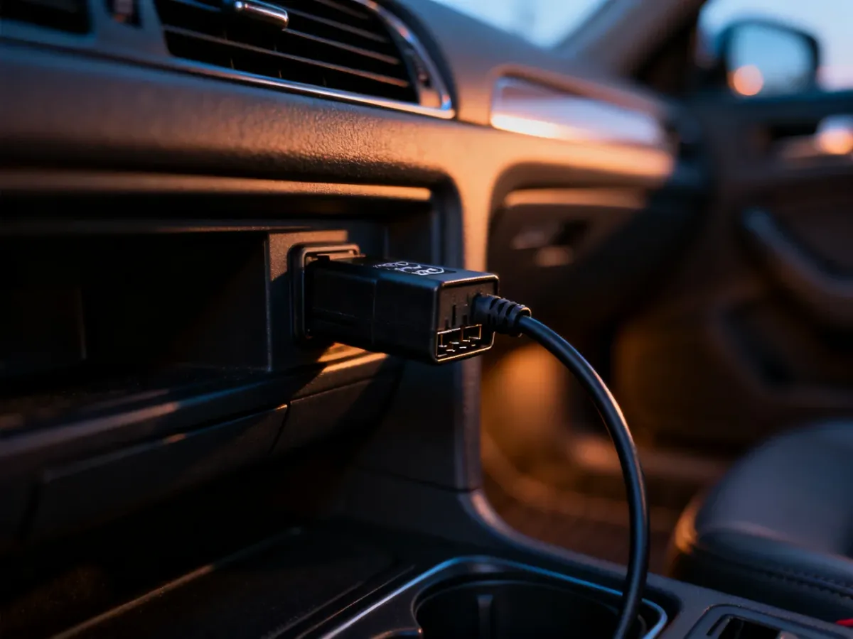 Kabel skanera diagnostycznego podłączony do złącza OBD pod deską rozdzielczą w samochodzie Audi A4 B5.