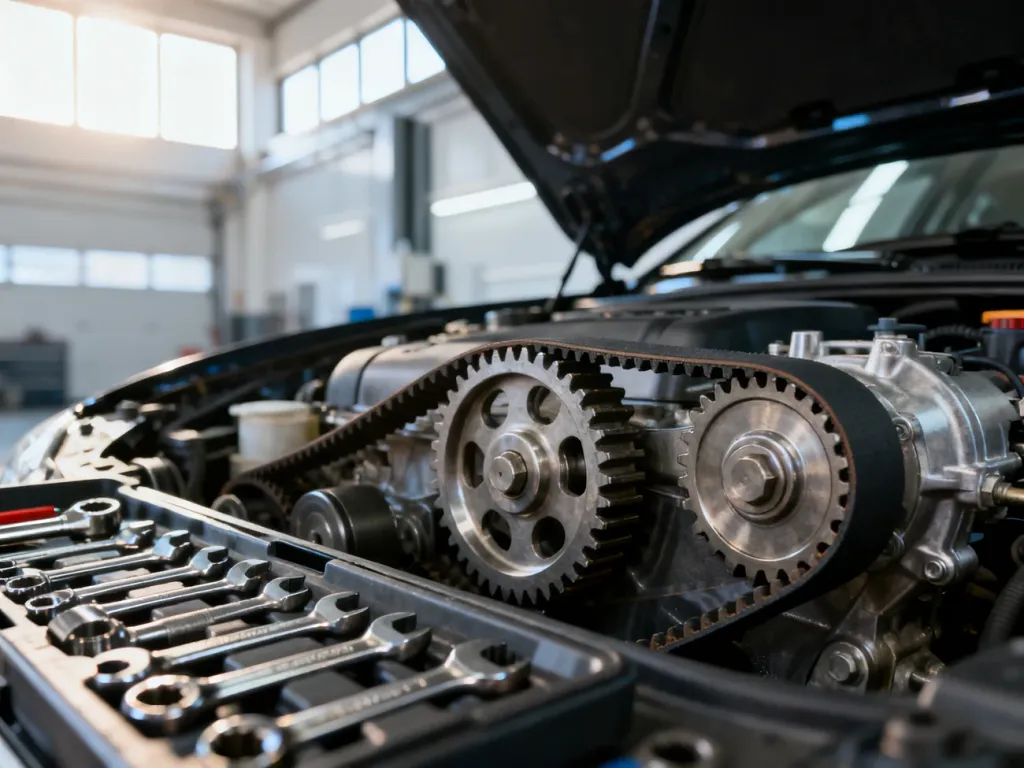 Zbliżenie na pasek rozrządu i koła zębate w silniku samochodowym oraz narzędzia mechanika w profesjonalnym warsztacie.