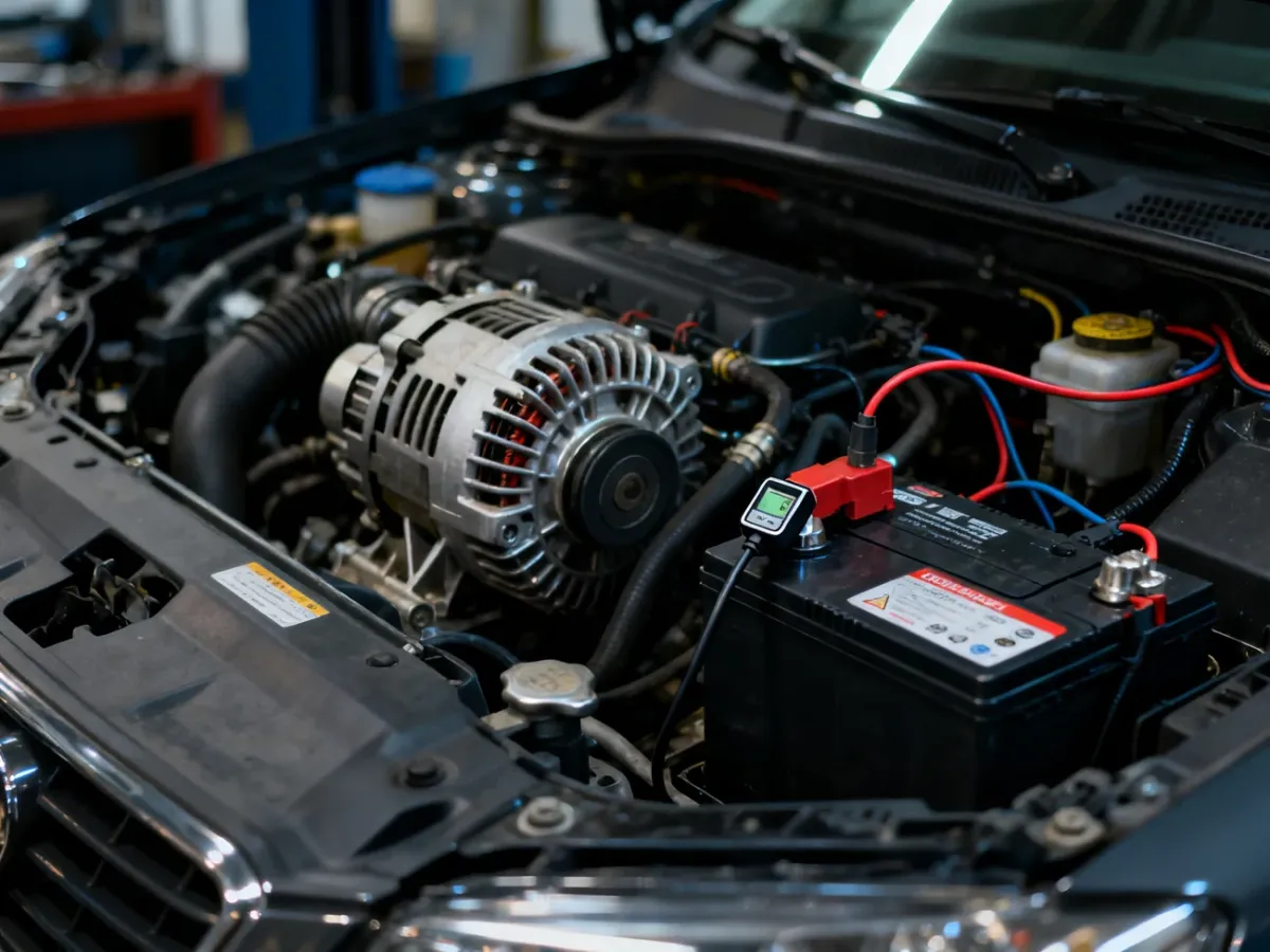 Akumulator, alternator i czujnik monitorujący instalację elektryczną samochodu