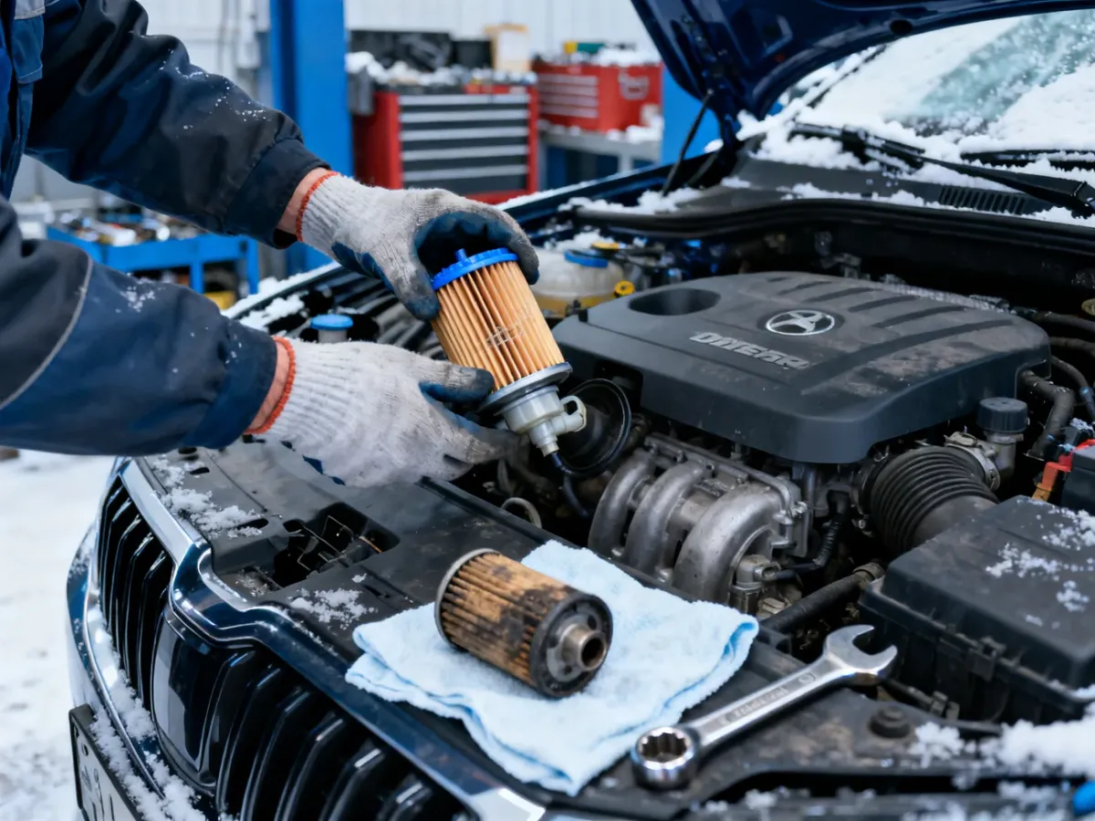 Mechanik wymieniający filtr paliwa w silniku samochodu z silnikiem Diesla