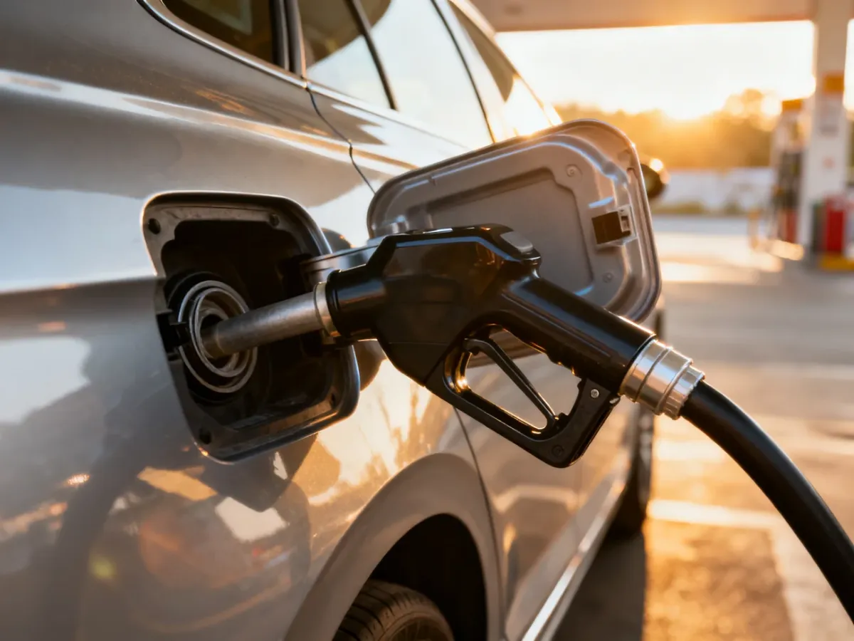 Pistolet do tankowania LPG włożony do wlewu paliwa samochodu na stacji benzynowej w promieniach porannego słońca.