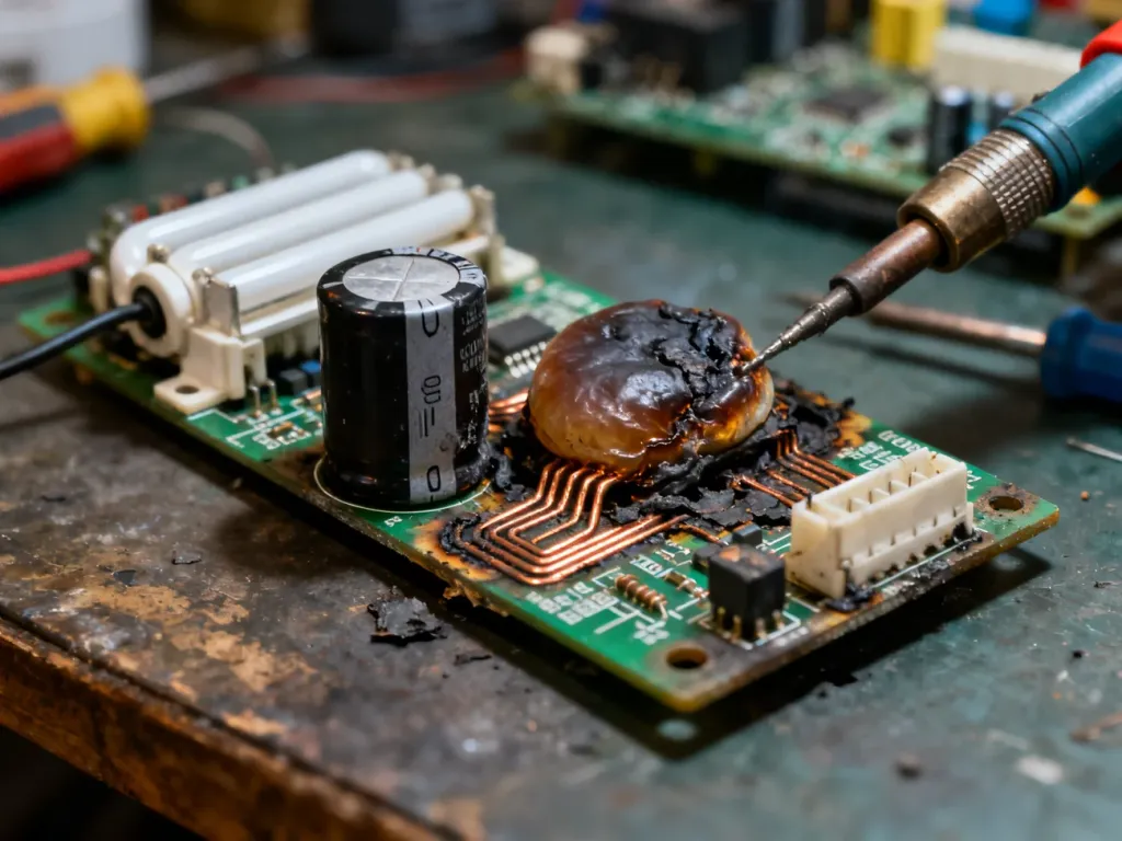 Zbliżenie na uszkodzoną płytkę drukowaną statecznika elektronicznego z widocznymi przepaleniami i spuchniętym kondensatorem.
