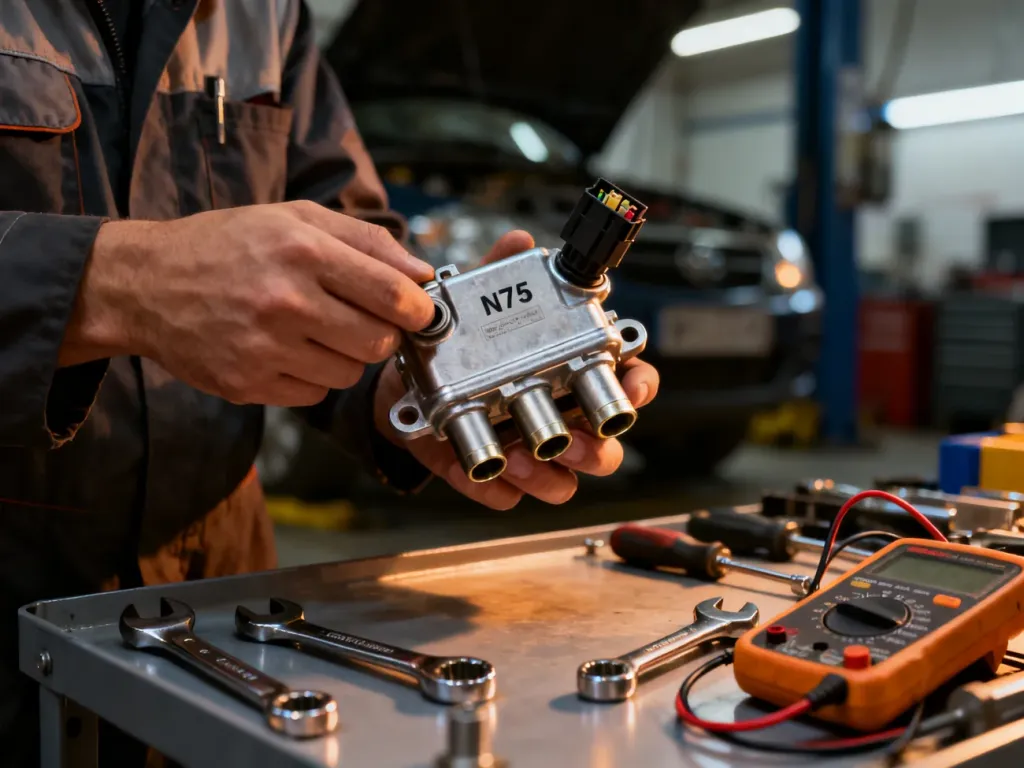 Mechanik trzymający zawór N75 nad uporządkowanym warsztatem, prezentujący szczegóły złączy elektrycznych i króćców.