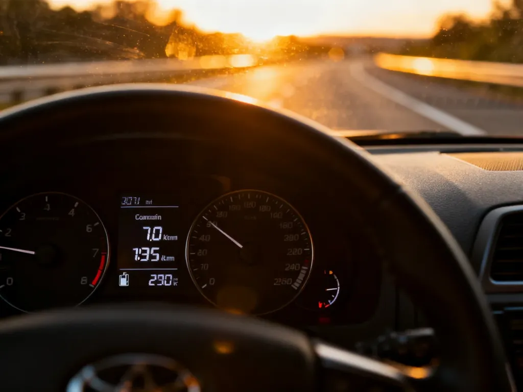 Cyfrowy wyświetlacz komputera pokładowego w samochodzie pokazujący dane o zużyciu paliwa podczas jazdy autostradą.