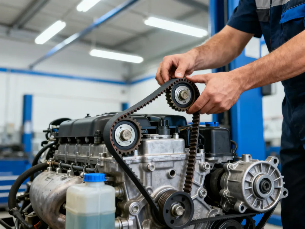 Mechanik wymieniający pasek rozrządu w silniku samochodu