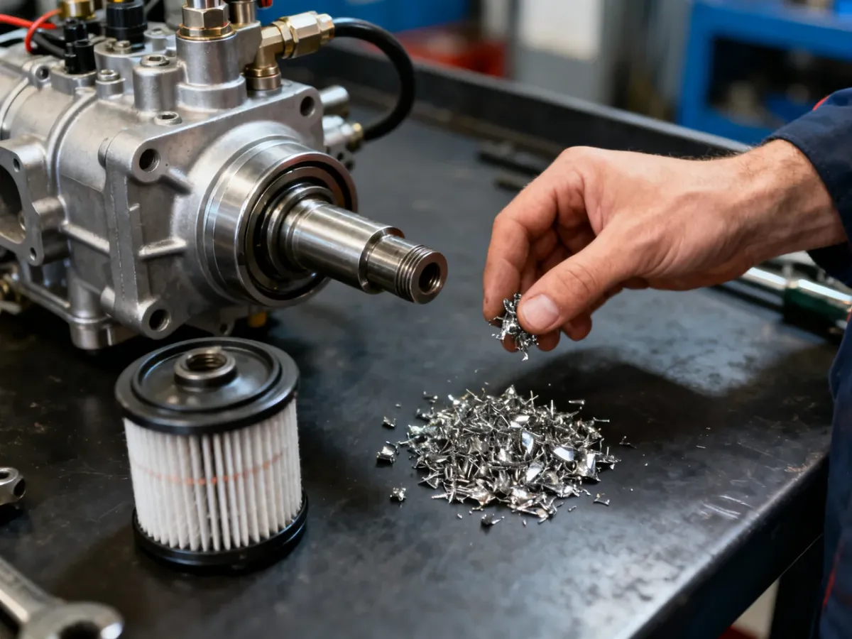 Mechanik sprawdzający opiłki metalu z filtra układu Common Rail
