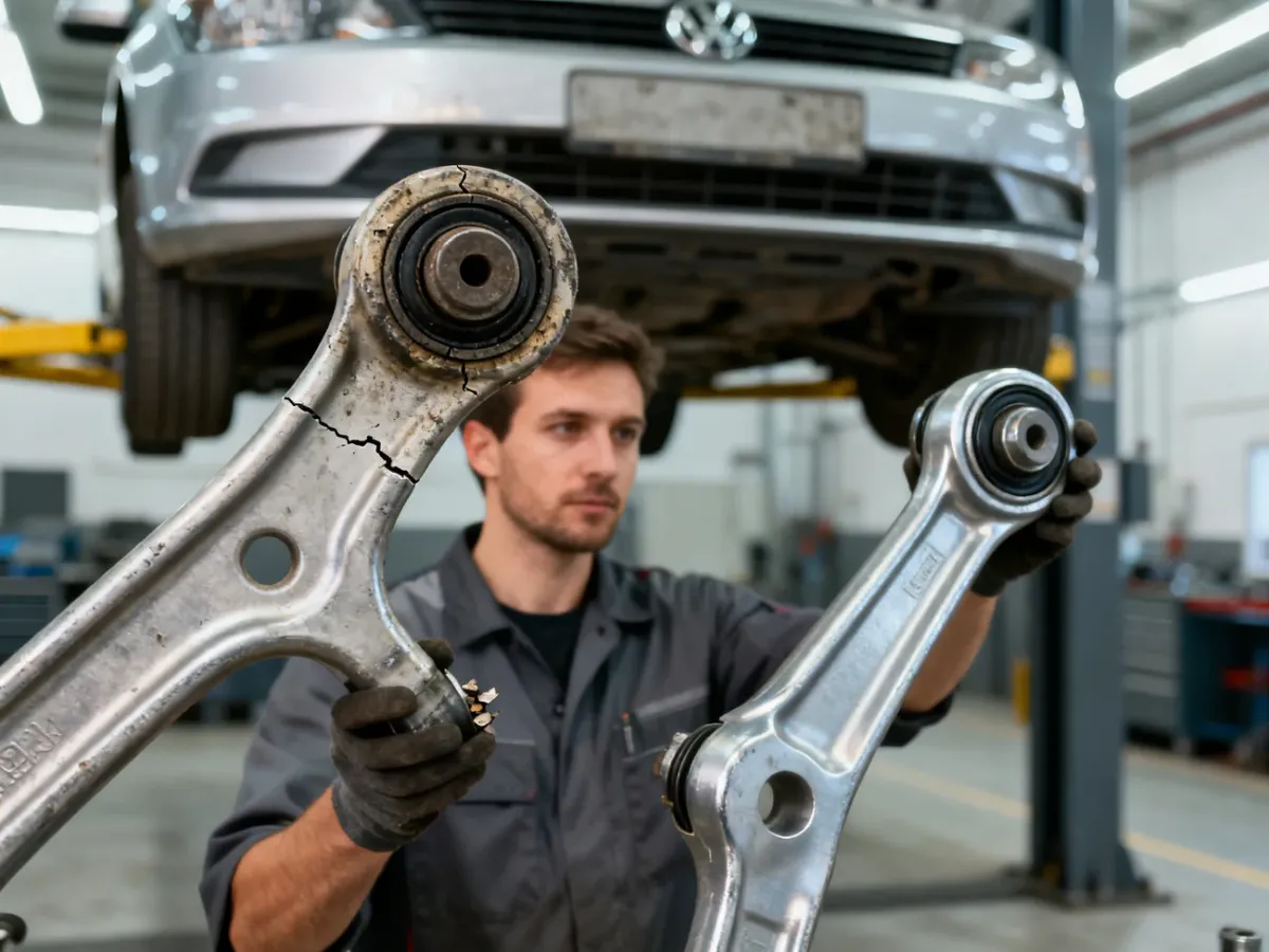 Mechanik porównujący stan dwóch wahaczy zawieszenia samochodu