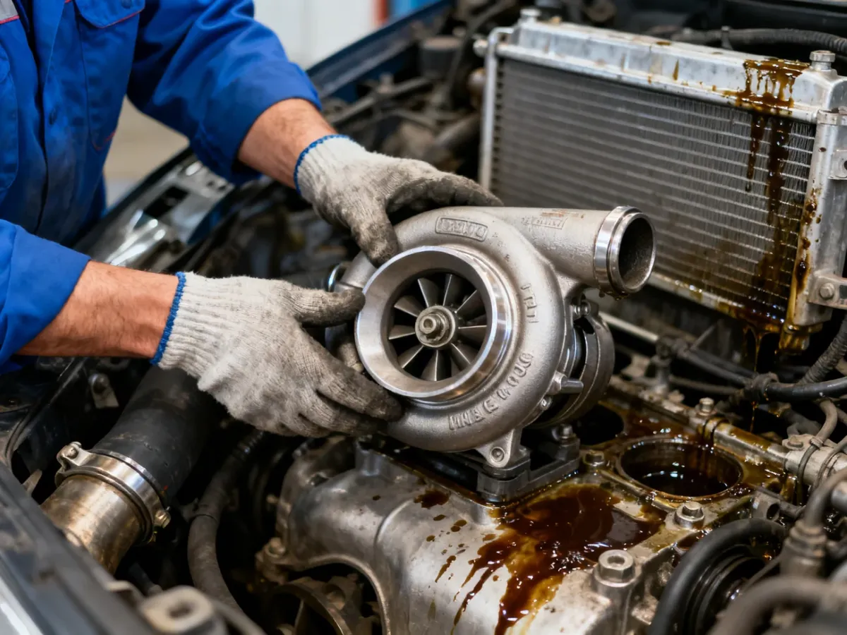 Mechanik kontroluje luz wirnika turbosprężarki przy zdemontowanym przewodzie dolotowym