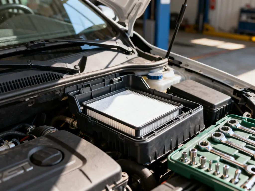 Otwarta komora silnika Audi A4 B5 z widoczną obudową filtra kabinowego przy podszybiu oraz narzędziami mechanika.