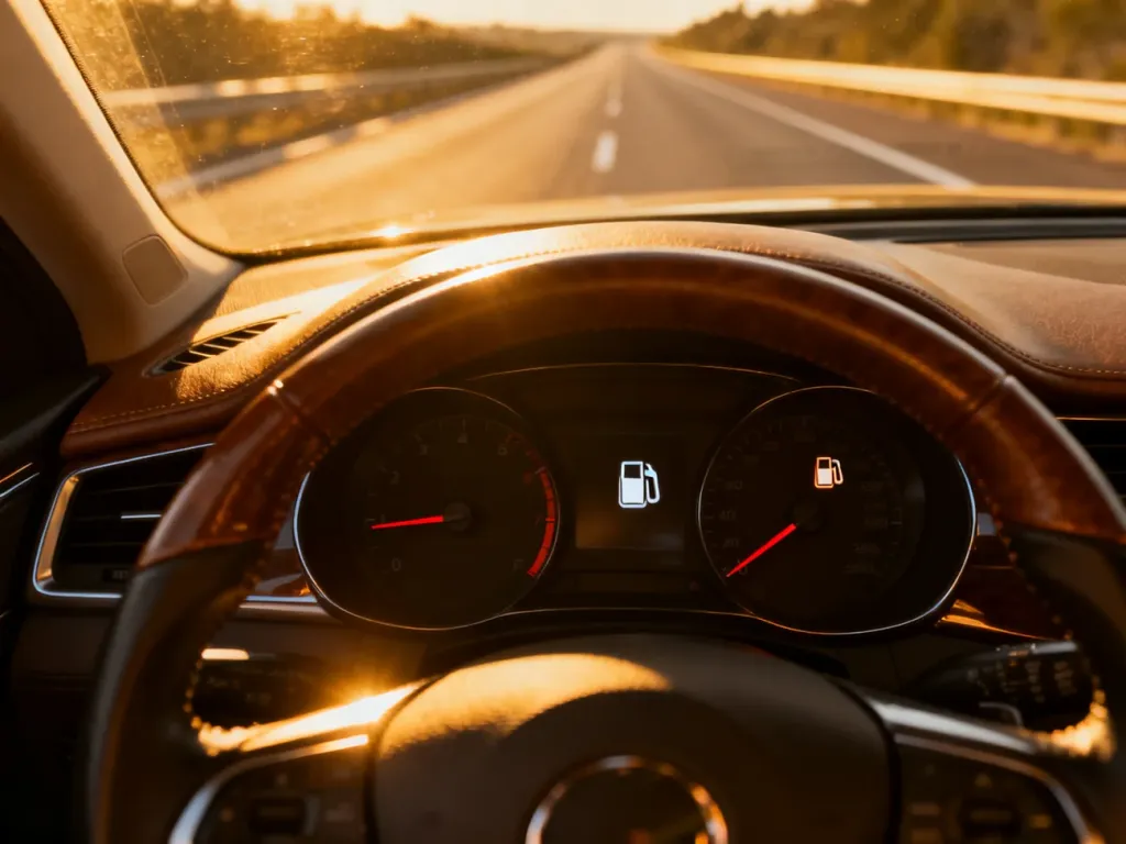 Wskaźnik paliwa w nowoczesnym samochodzie na tle autostrady o zachodzie słońca, symbolizujący wybór między dieslem a benzyną.
