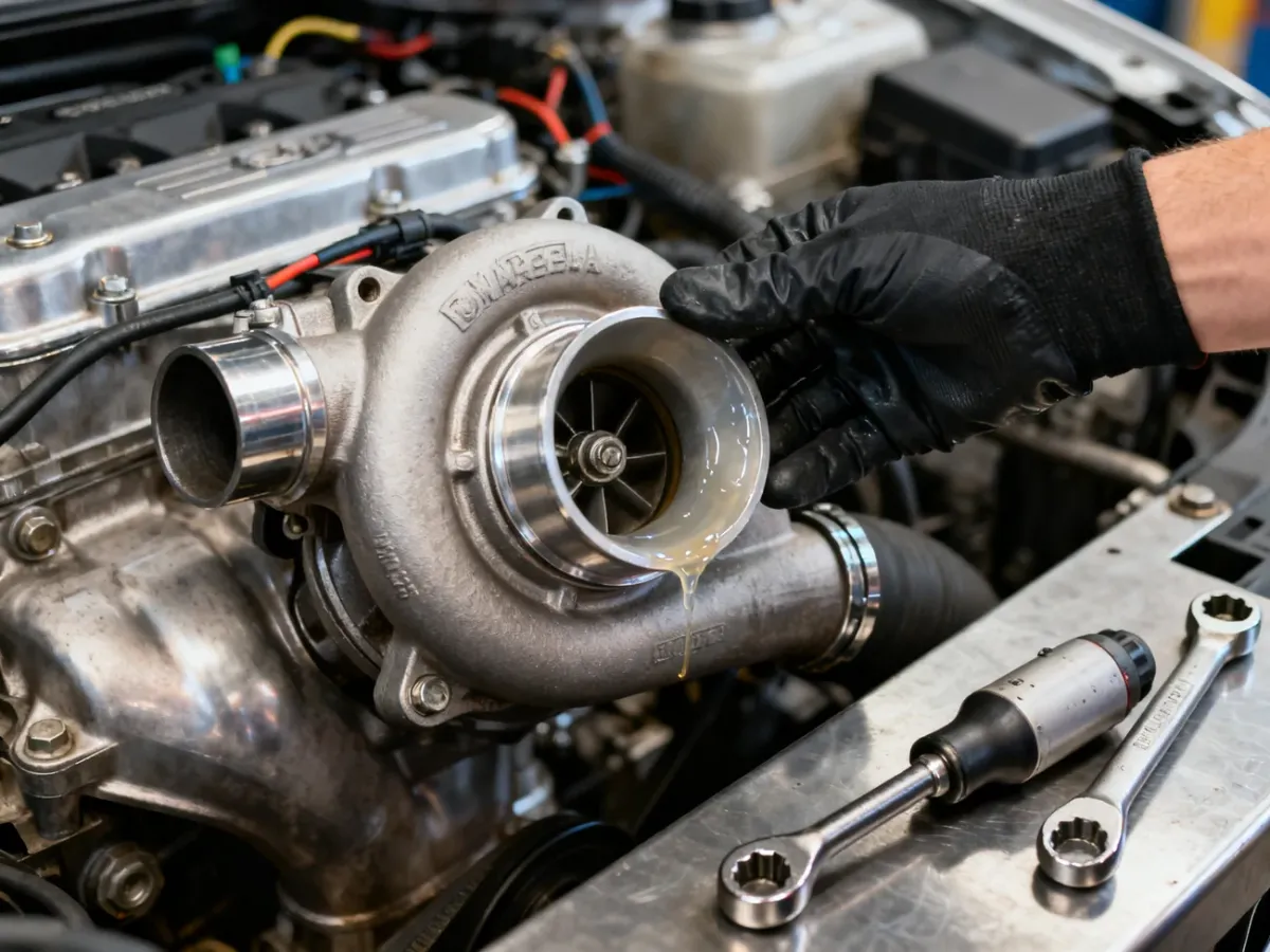 Mechanik sprawdza cienki oleisty nalot w przewodzie dolotowym turbosprężarki