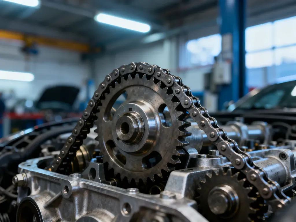Zbliżenie na mechanizm łańcucha rozrządu w komorze silnika Toyoty Yaris w profesjonalnym warsztacie.