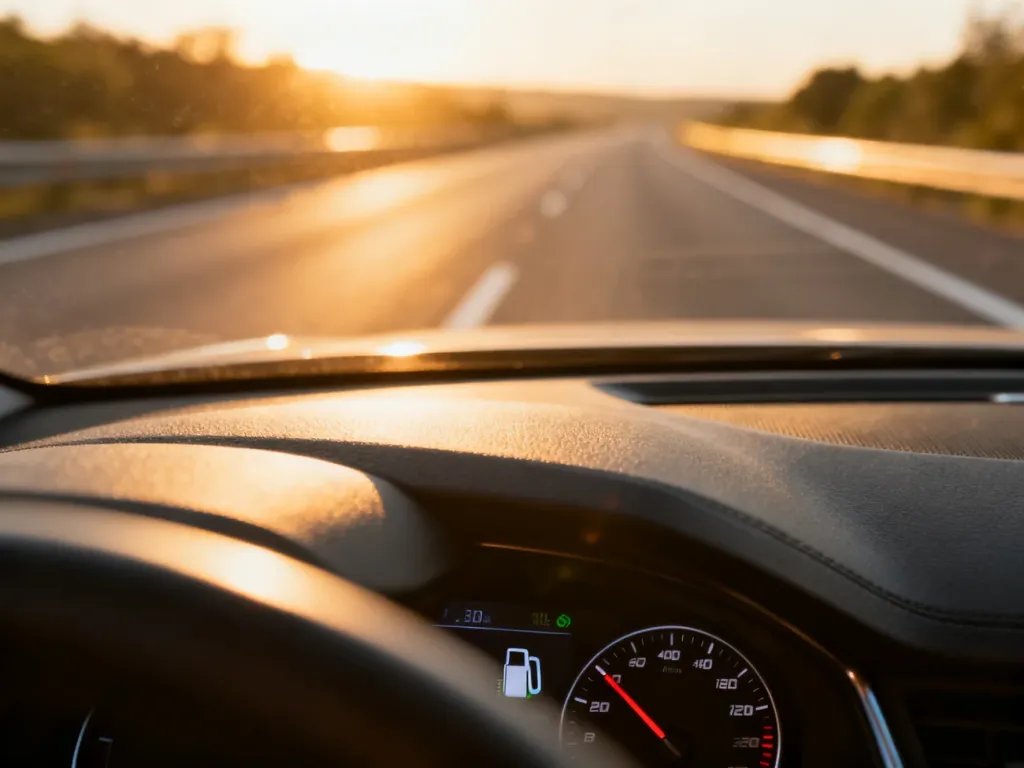 Cyfrowy wskaźnik zużycia paliwa na desce rozdzielczej samochodu z widokiem na słoneczną autostradę w tle.
