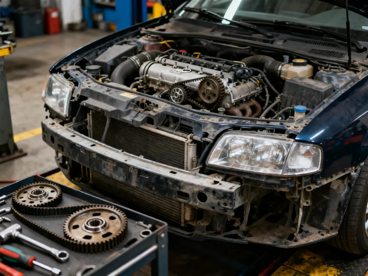 Audi A4 B5 podczas serwisu rozrządu z odsłoniętym przodem samochodu