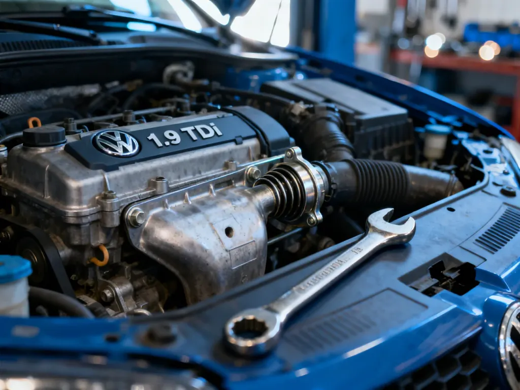 Zbliżenie na komorę silnika 1.9 TDI z widoczną obudową termostatu i narzędziami, gotowymi do jego wymiany.