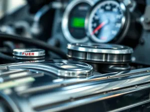 Otwarta maska nowoczesnego samochodu z widocznymi podzespołami silnika na tle autostrady o zachodzie słońca.