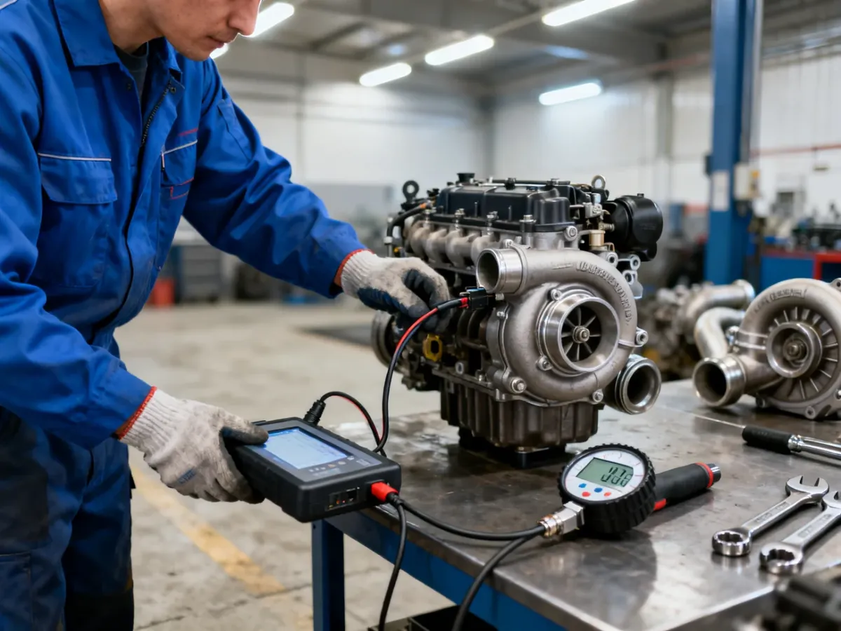 Mechanik sprawdzający turbosprężarkę i ciśnienie doładowania w warsztacie