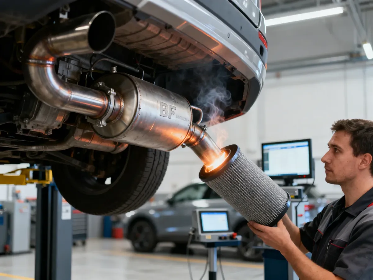 Mechanik sprawdzający filtr DPF w układzie wydechowym samochodu