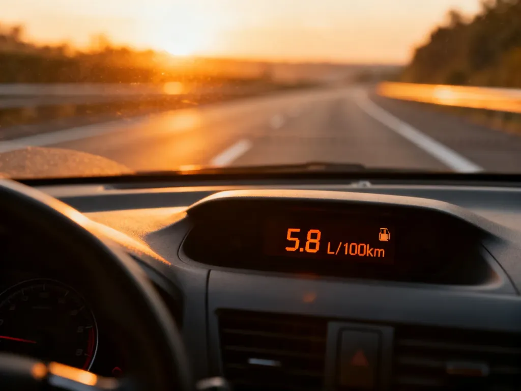 Cyfrowy wyświetlacz w samochodzie wskazujący zużycie paliwa 5,8 l/100 km na tle słonecznej autostrady.