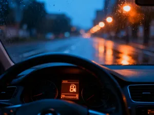 Mechanik trzyma w dłoni zawór odpowietrzania zbiornika paliwa na tle otwartej komory silnika w warsztacie samochodowym.