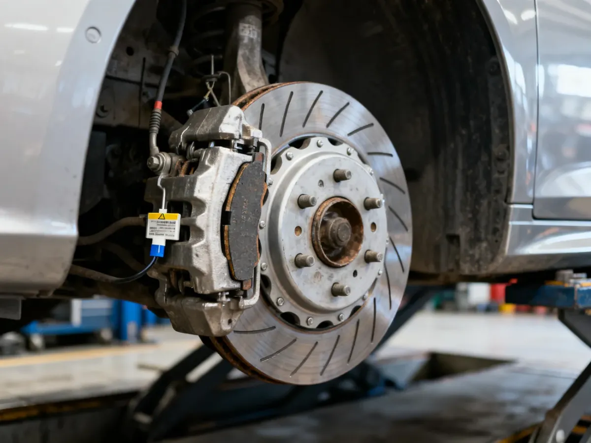 Mechanik sprawdza klocki hamulcowe, tarczę i czujnik zużycia