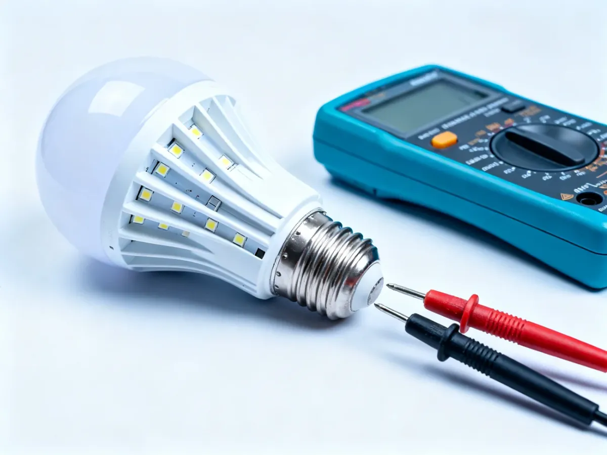 Digital multimeter used to test an LED bulb