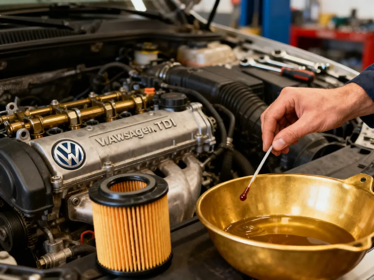 Mechanik sprawdzający poziom oleju bagnetem przy silniku 1.9 TDI