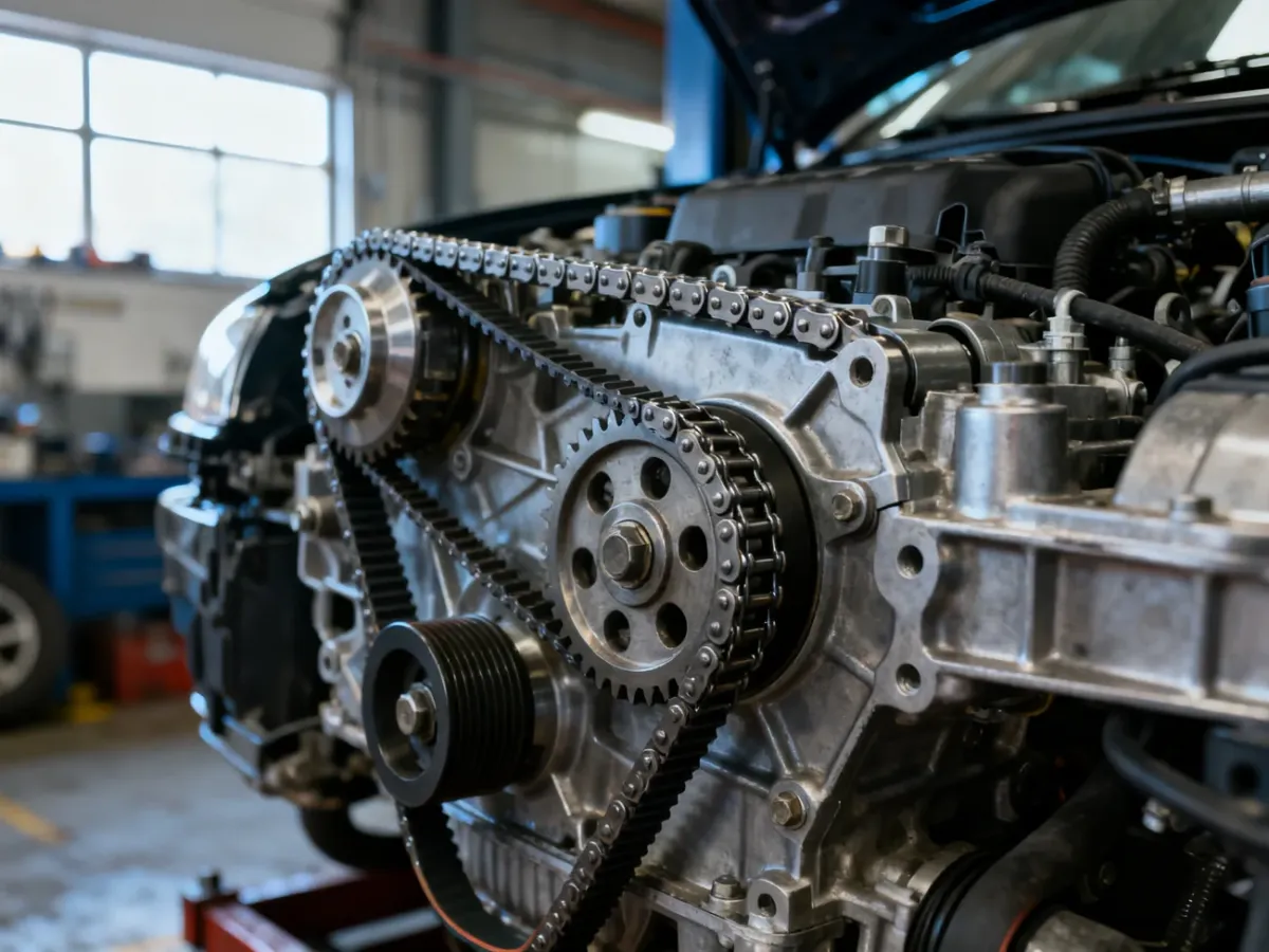 Zbliżenie na elementy rozrządu w nowoczesnym silniku samochodowym w profesjonalnym warsztacie mechanicznym.