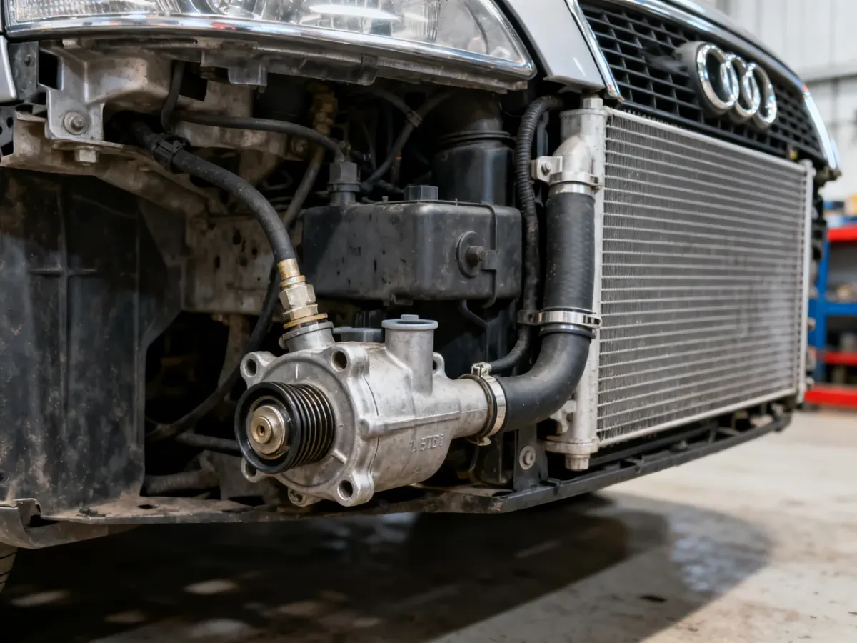 Położenie obudowy termostatu przy pompie wody w silniku Audi A4 B5