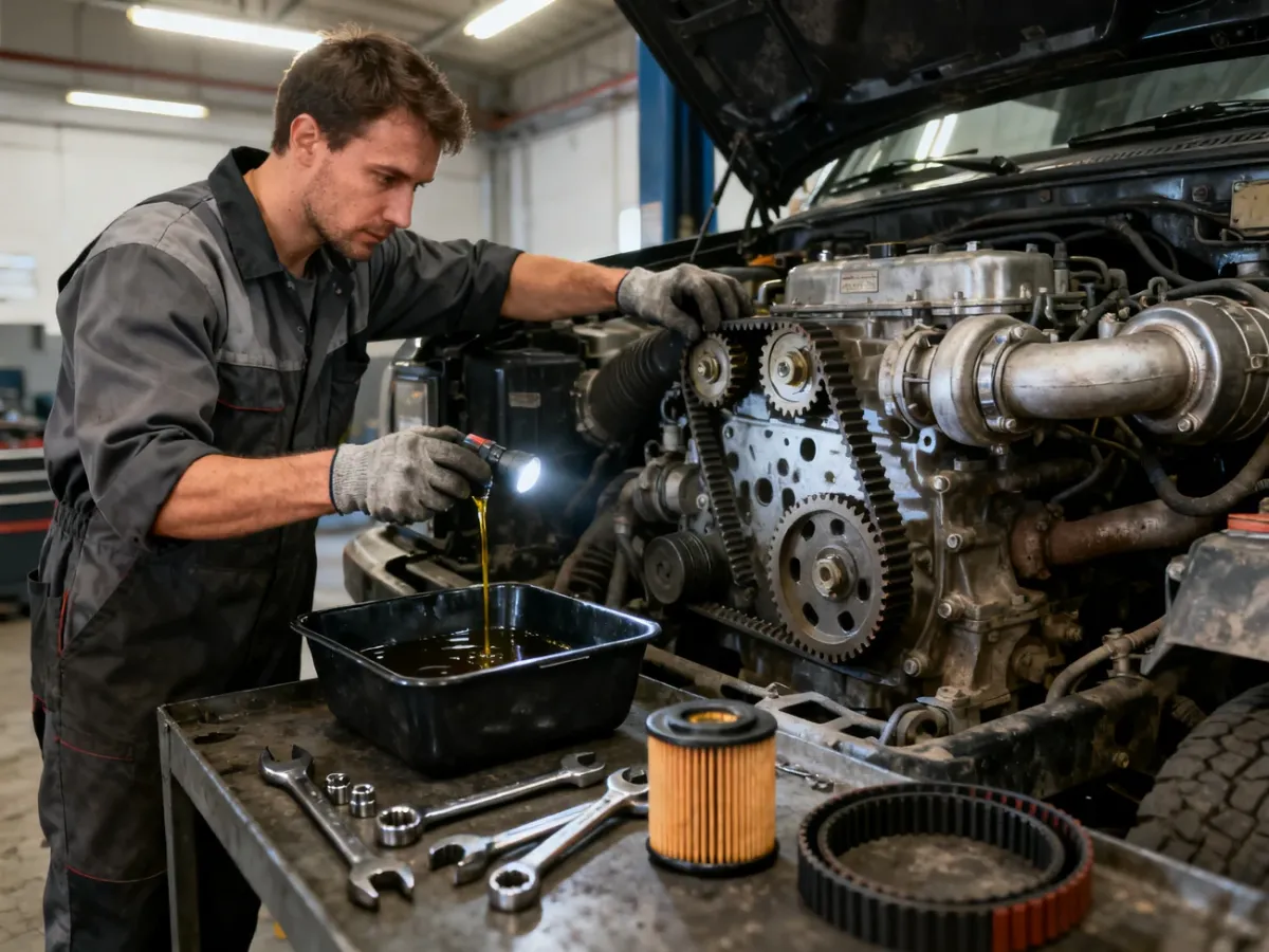Mechanik podczas serwisowania starszego silnika wysokoprężnego
