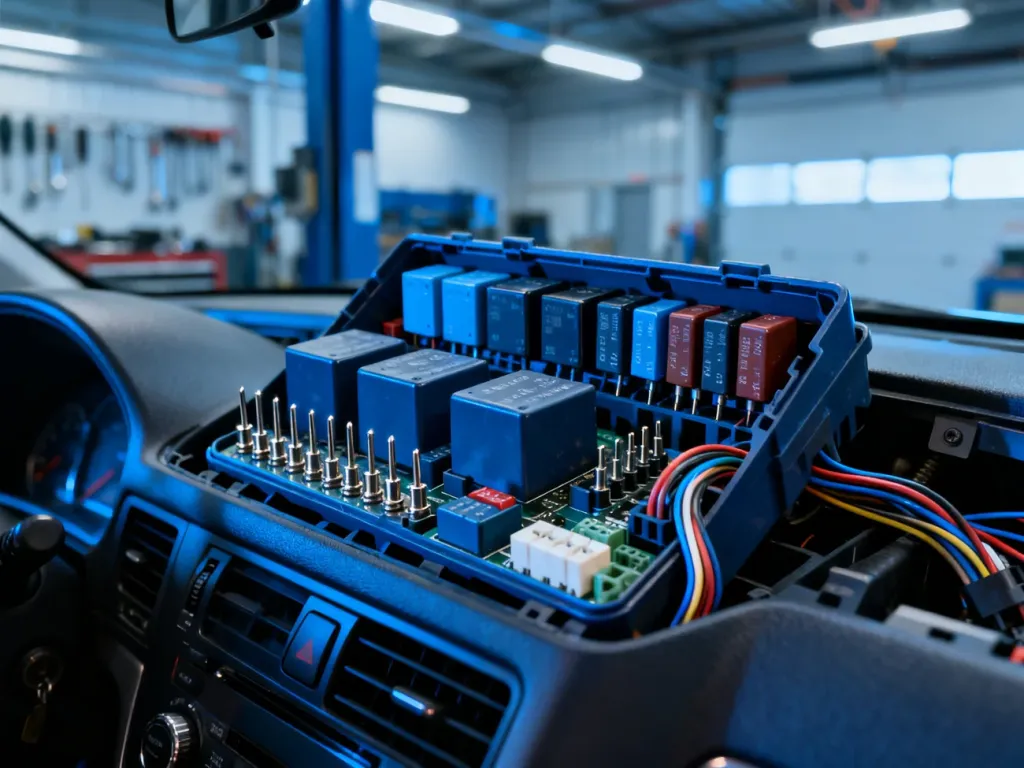 Otwarta skrzynka z bezpiecznikami i przekaźnikami w Audi A4 B6 z widocznymi złączami elektrycznymi wewnątrz warsztatu.