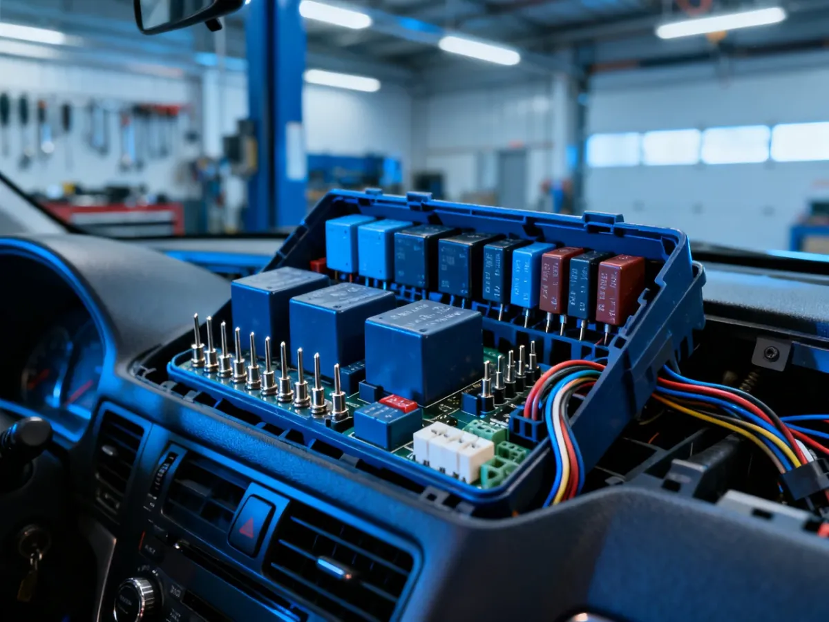 Otwarta skrzynka z bezpiecznikami i przekaźnikami w Audi A4 B6 z widocznymi złączami elektrycznymi wewnątrz warsztatu.