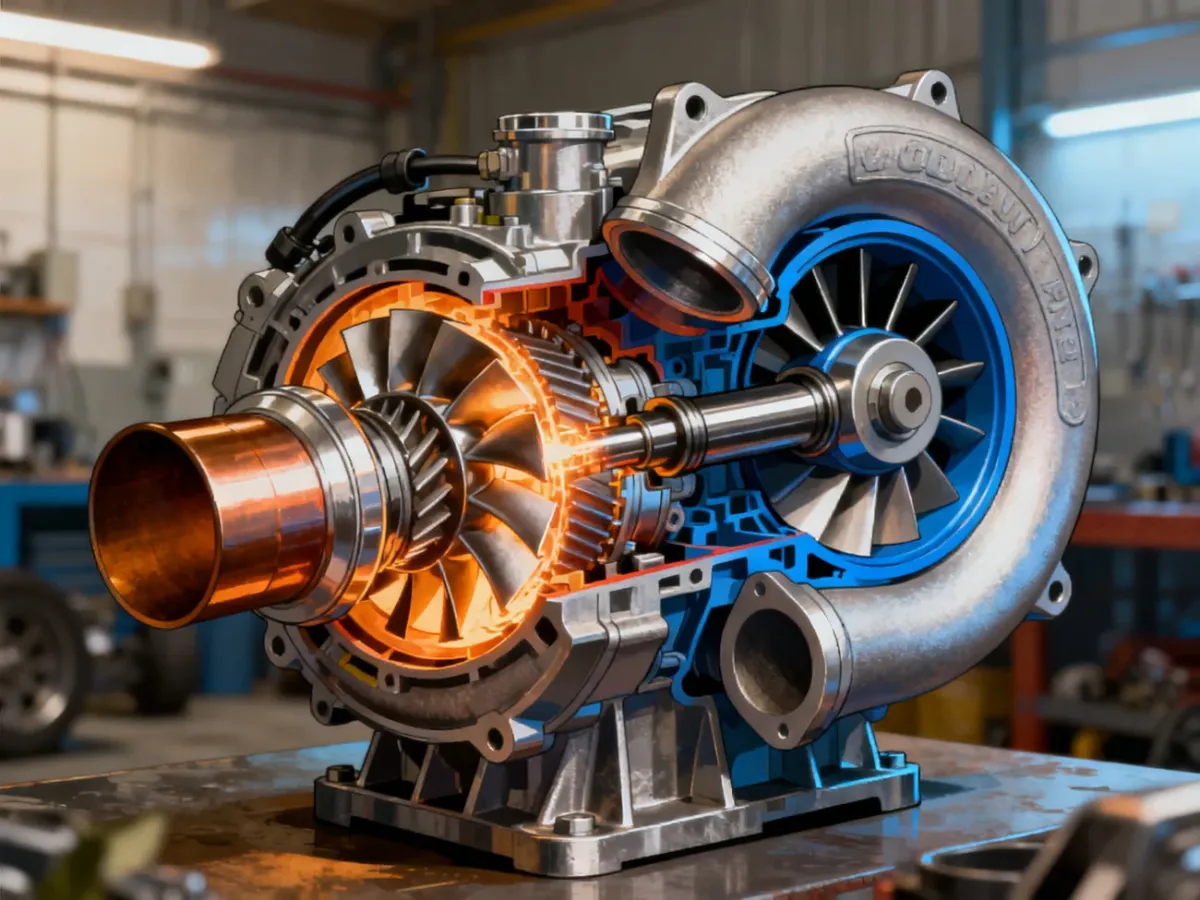 Przekrojona turbosprężarka z widoczną turbiną, sprężarką i wspólnym wałem